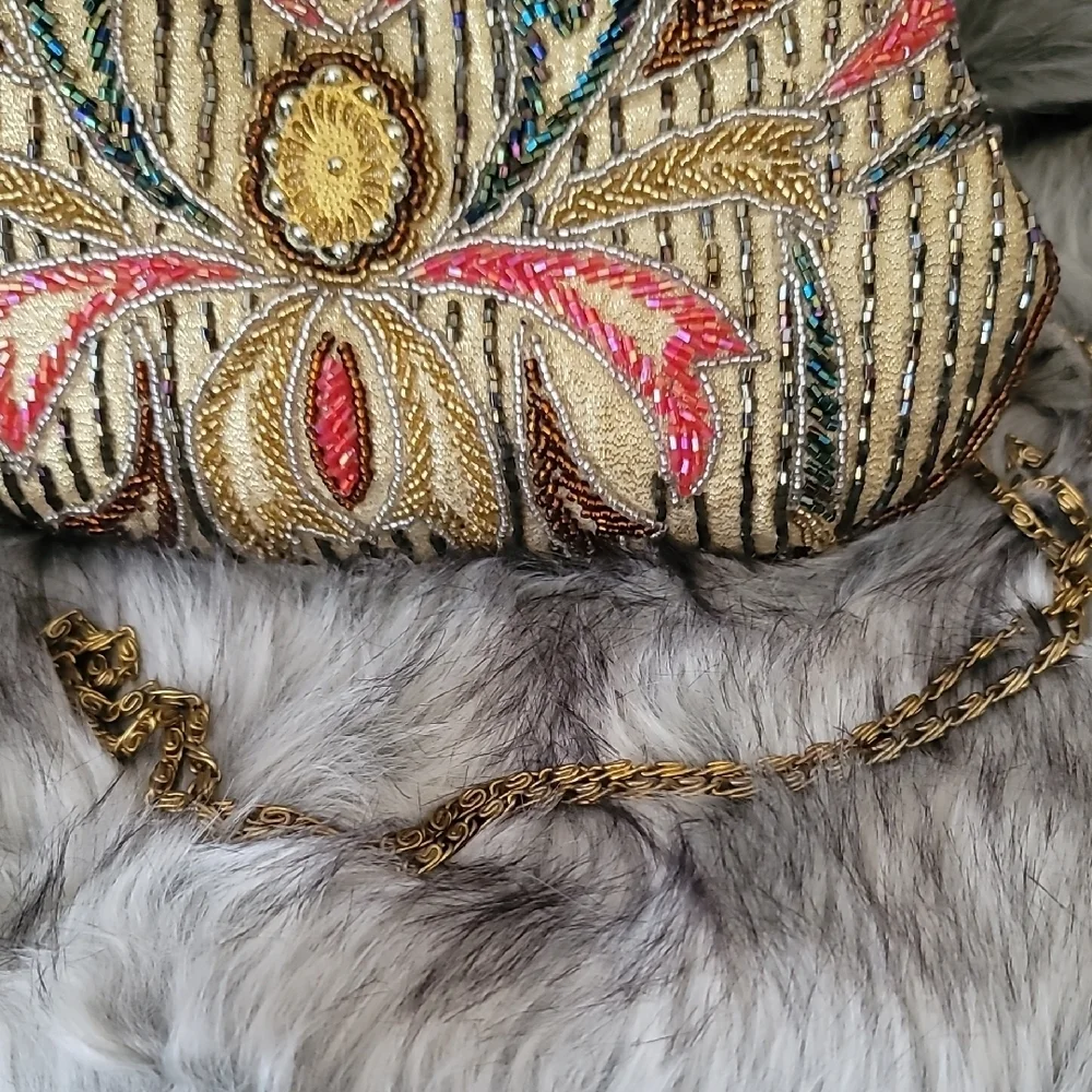 Gold and Multicolor Beaded  Women's Clutch With Crossbody Chain